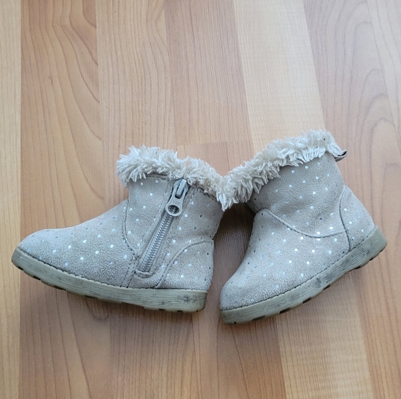 Cat&Jack Toddler Girls Boots Sz 4 Tan Suede like Side Zip Pull on Shoes Faux Fur - Picture 7 of 12